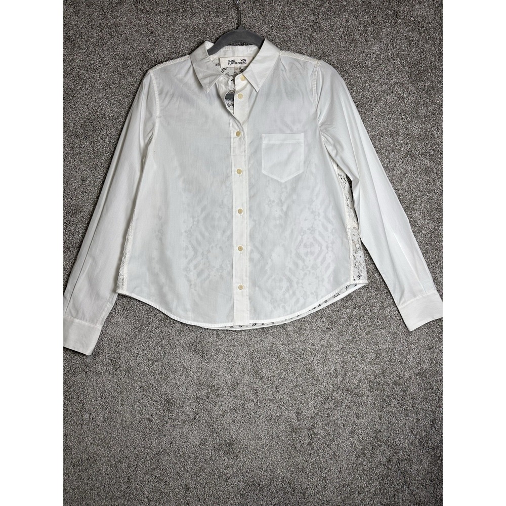 Diane von Furstenberg White Cotton Lace Back Button Down Shirt Blouse Sz 2
